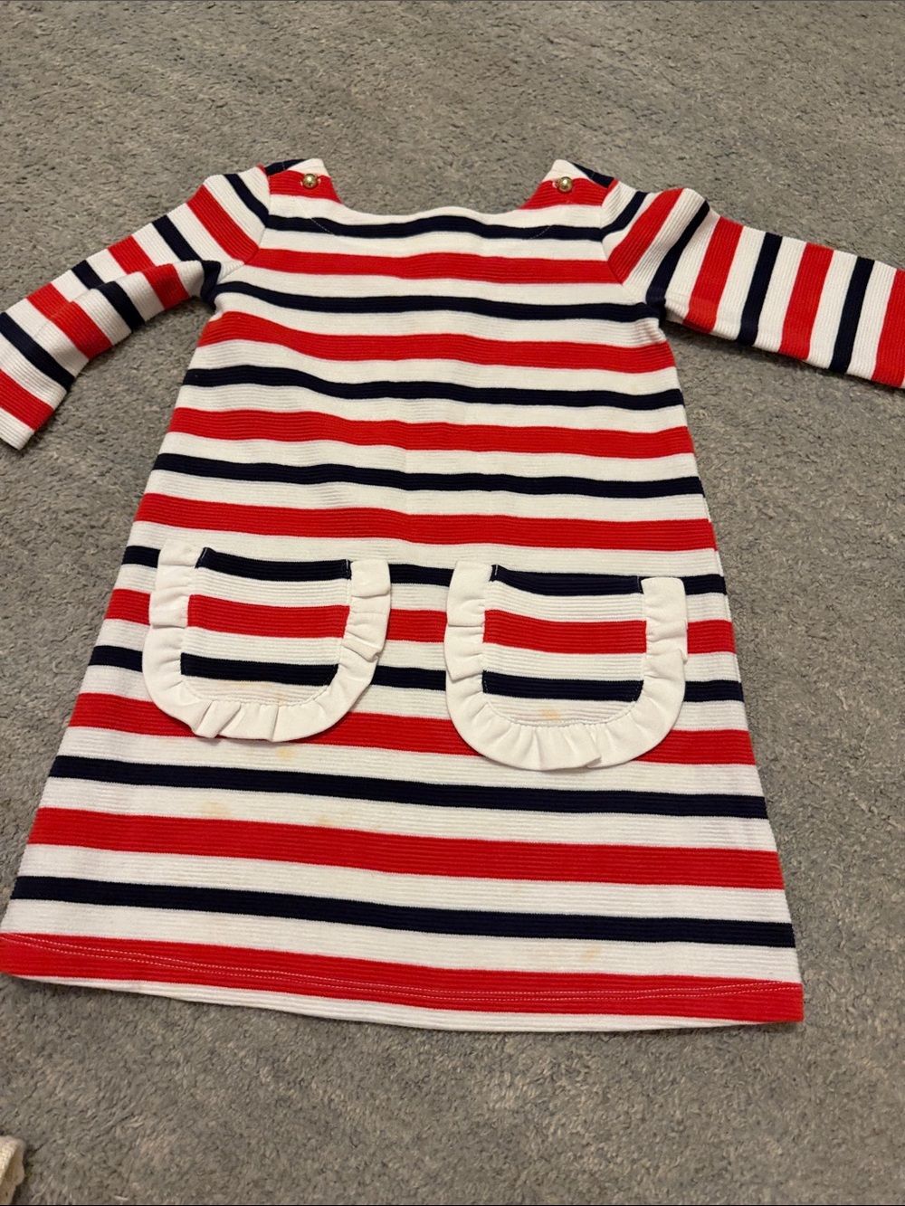 Janie and Jack Red, White & Navy Striped Ruffle Pocket Dress